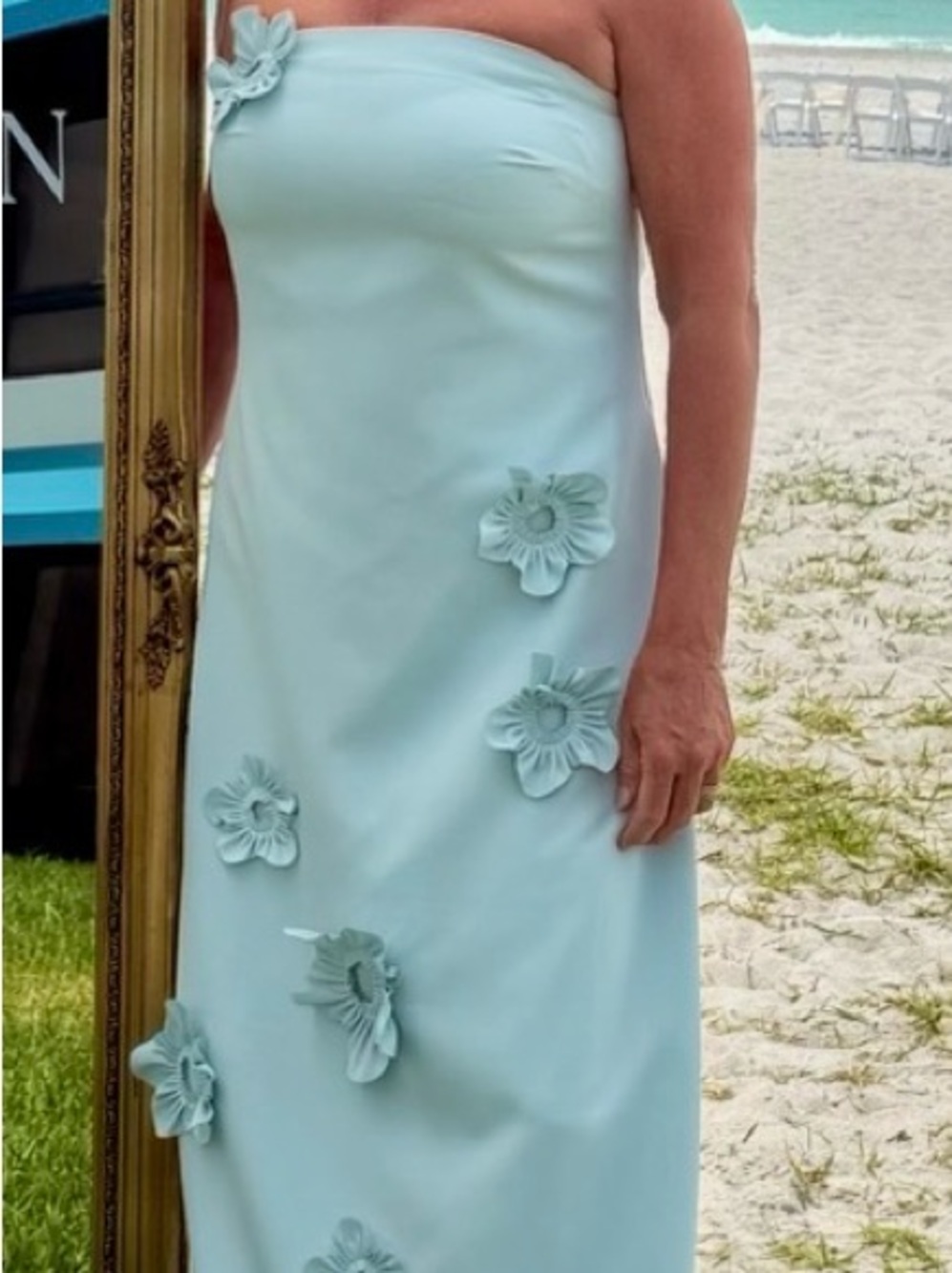 Reneruiz Strapless Mint/blue Floral Appliqué Maxi Dress